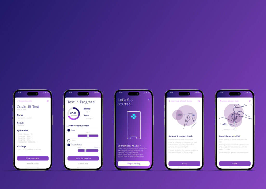 5 phone screens illustrating an app