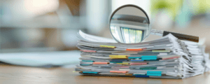 Pile of papers with magnifying glass sitting on top