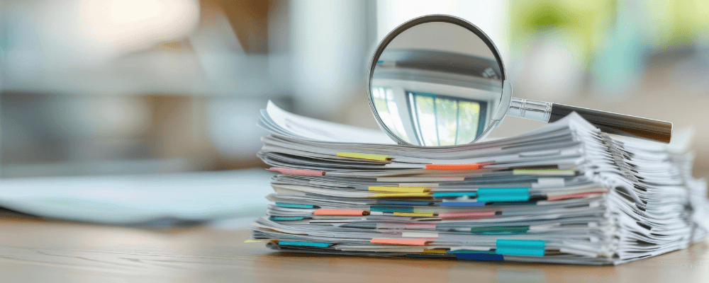 Pile of papers with magnifying glass sitting on top