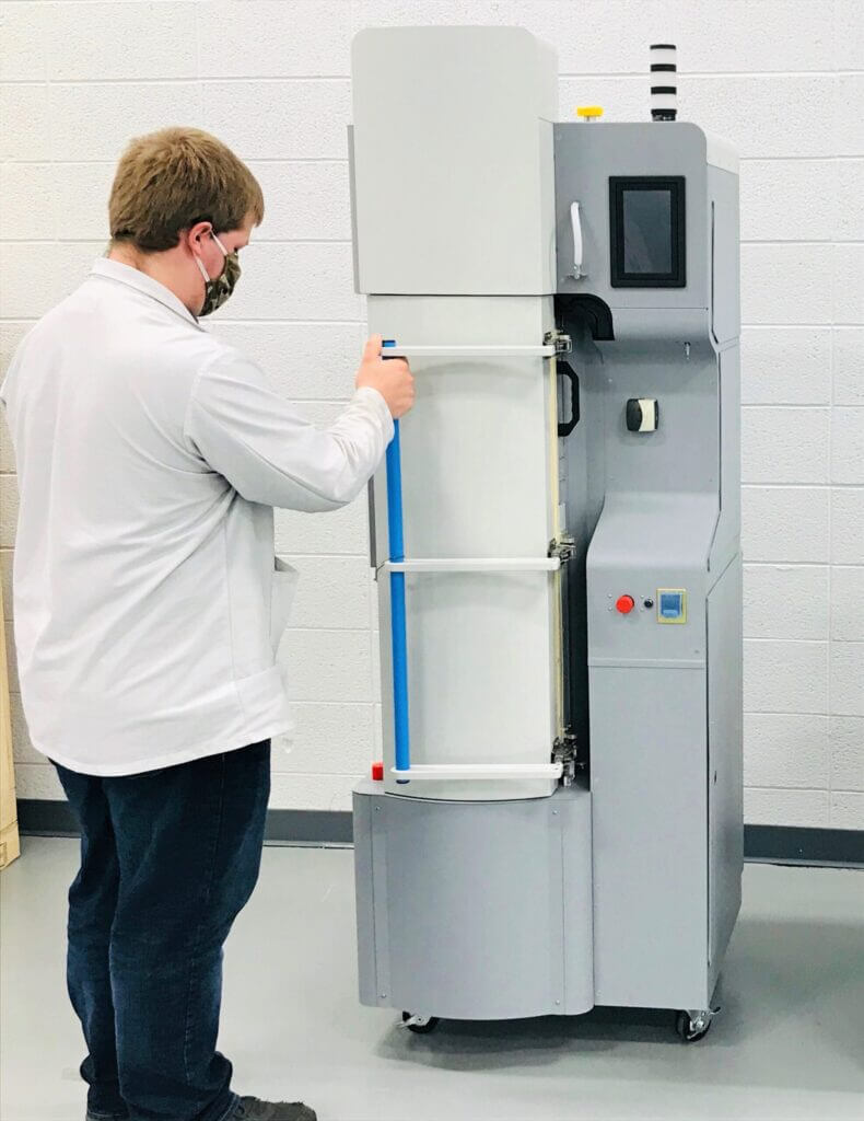 Velico FrontlineODP on-demand plasma system, a tall floor-standing medical device with a white and light gray enclosure, control interface, status light stack, and access panels designed for clinical and manufacturing environments.